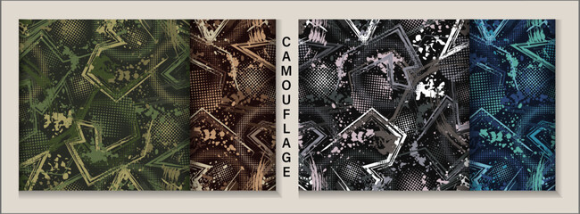 Camouflage patterns with paint splatter, smudges