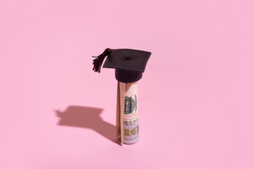 Graduated cap with dollars. Grant for education, back to school allowance concept