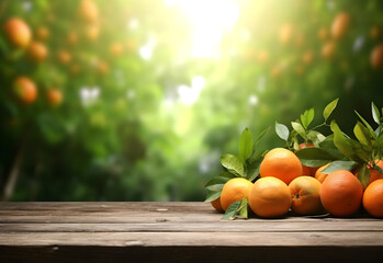 Wooden table with orange fruits and free space on nature blurred background. Generated AI.