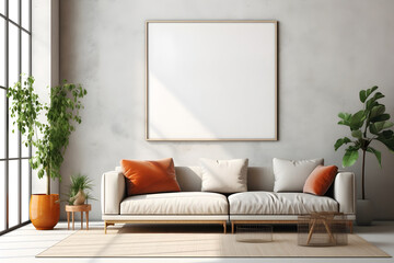 Rectangular frame poster mockup, on light concrete wall in living interior with modern boho furniture and big window, century gray sofa, scandinavian style interior decoration. Generated AI.