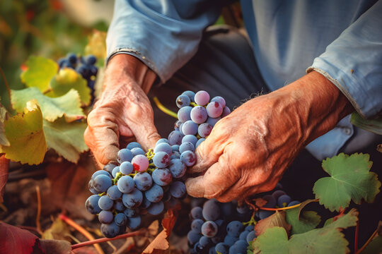 Close up of farmer male hands picking red grape. Organic fruits, harvesting and farming concept. Generated AI.