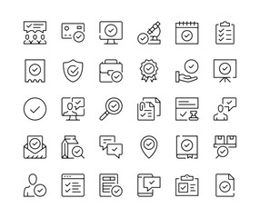 Check mark icons. Vector line icons set. Approve, tick, checkmark, quality control concepts. Black outline stroke symbols