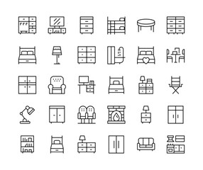 Furniture icons. Vector line icons set. Table, chair, bed, dresser, room, interior, home applicances concepts. Black outline stroke symbols