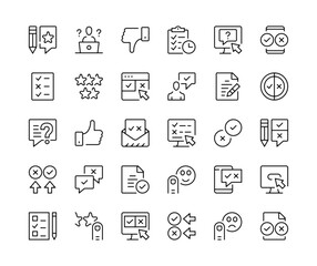 Survey icons. Vector line icons set. Feedback, user reviews, quiz, testimonials, customer experience concepts. Black outline stroke symbols