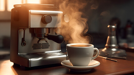 coffee maker machine and hot coffee created using generative AI tools