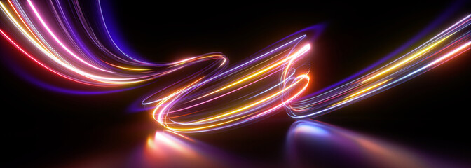 3d render. Abstract neon background. Fluorescent ines glowing in the dark room with floor reflection. Virtual dynamic ribbon. Fantastic panoramic wallpaper. Energy concept - obrazy, fototapety, plakaty