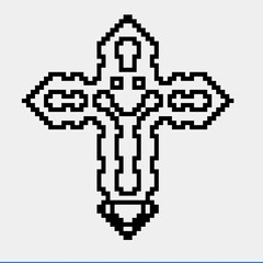 Cross with black and white patterns on a white background.