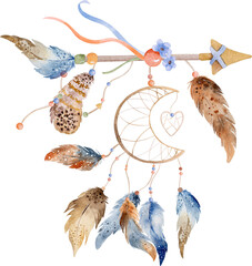 Tribal feather boho dreamcatcher watercolor ornament. Traditional dream catcher ethnic wing painting - obrazy, fototapety, plakaty
