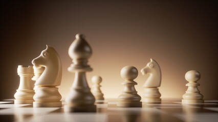 3d rendering, chess game white pieces stand on the chessboard illuminated with warm light. Pawn, bishop, knight, horse