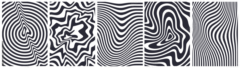 Poster Abstract Geometric Background with Black and White Waves. Vector Pattern with Optical Illusion. Trippy Swirl Texture. Water Ripple and Swirl Bg