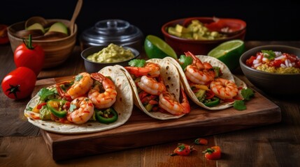 Traditional Mexican tacos with shrimp and vegetables on a wooden board served with sauces. Generative AI