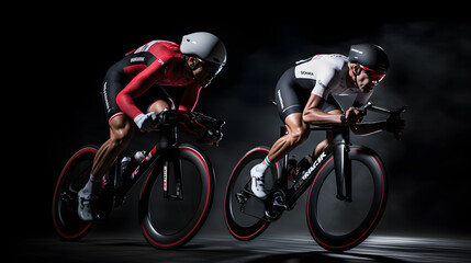 Obraz premium two cyclist racing with black blurry background created using generative AI tools