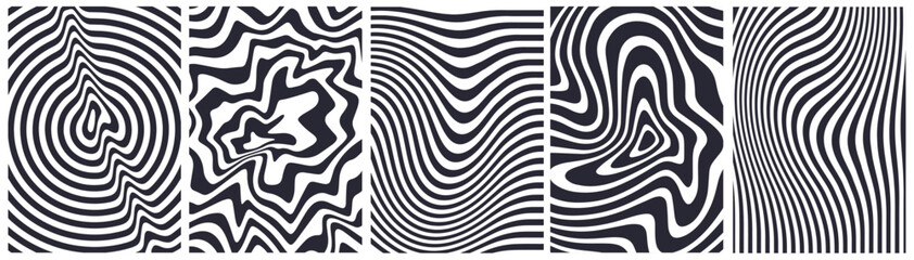 Abstract Geometric Background with Black and White Waves. Vector Pattern with Optical Illusion. Trippy Swirl Texture. Water Ripple and Swirl Bg