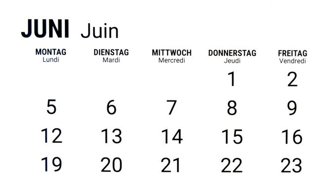Time lapse zoom in motion of calendar month of June in german and french