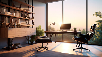 Sleek and minimalist home office setup with a sleek desk, ergonomic chair, minimalist decor, and ample natural light, offering a functional and aesthetic workspace. Generative AI
