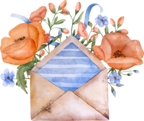 Vintage envelope with poppy flowers watercolor painting. Retrro letter paper with floral ornament aquarelle drawing