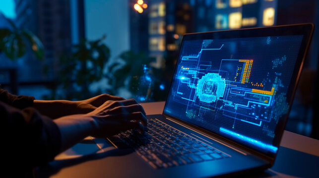 Software development concept. Coding programmer, software engineer working on laptop with javascript computer code on virtual screen, internet of things IoT, digital technology. Generative AI