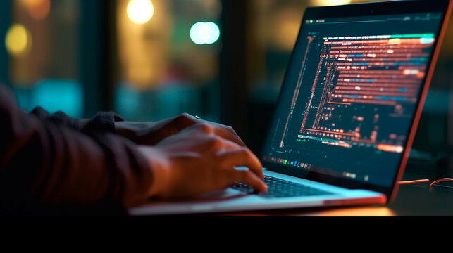 Software development concept. Coding programmer, software engineer working on laptop with javascript computer code on virtual screen, internet of things IoT, digital technology. Generative AI