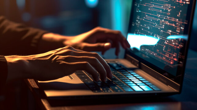 Software development concept. Coding programmer, software engineer working on laptop with javascript computer code on virtual screen, internet of things IoT, digital technology. Generative AI