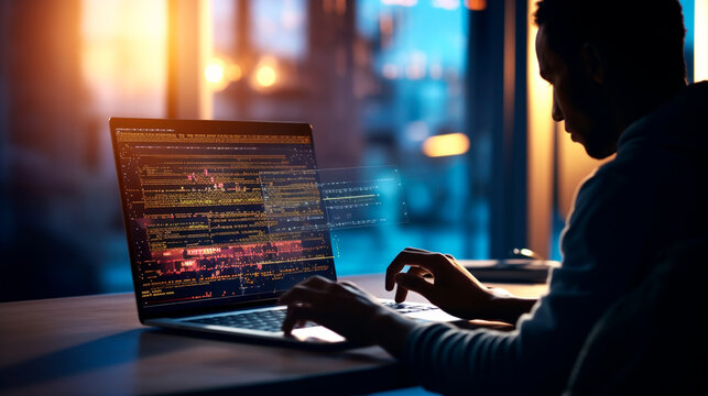 Software development concept. Coding programmer, software engineer working on laptop with javascript computer code on virtual screen, internet of things IoT, digital technology. Generative AI