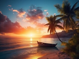 Beautiful seaside sunset 3D illustration, summer illustration, Generative AI