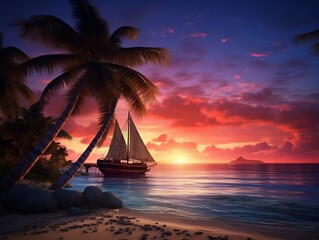 Beautiful seaside sunset 3D illustration, summer illustration, Generative AI