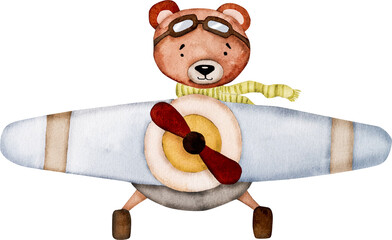 Cute teddy bear pilot flying in plane watercolor painting for postcard. Cartoon animal aquarelle drawing for children baby decoration