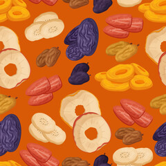 Seamless Pattern with Dry Fruits Apple, Prunes, Strawberry, Figs and Banana Visually Appealing Vector Design