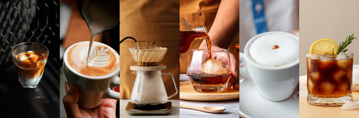 Collage of various coffee products, (Dirty coffee, Latte, Drip, Cold brew, Cappuccino, Orange and...