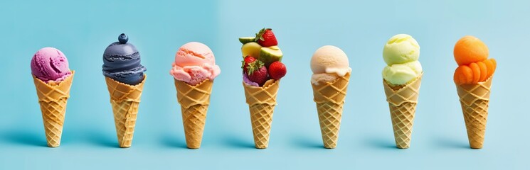 Soft ice cream in a waffle cone with fruits and berries, different colors and fillings. Delicious cold dessert. Neon light minimalistic background. Generative AI
