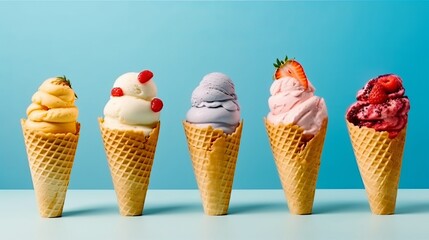 Soft ice cream in a waffle cone with fruits and berries, different colors and fillings. Delicious cold dessert. Neon light minimalistic background. Generative AI
