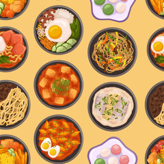 Vibrant Seamless Pattern Showcasing Various Delectable Korean Dishes, Bursting With Flavors And Colors, Illustration