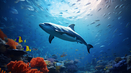 Fototapeta na wymiar dolphin in a blue ocean and with many fish.8k, --aspect 16:9 