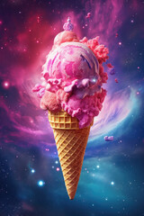 purple ice cream in a waffle cone. magical dessert to space and universe. generative ai, ai generative