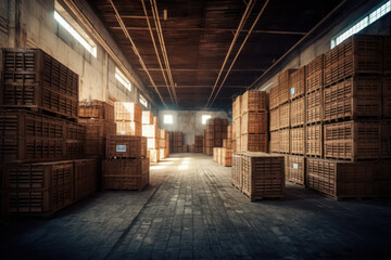 rows of wooden crates and pallets for storing and transporting goods in the warehouse. generative ai, ai, generative