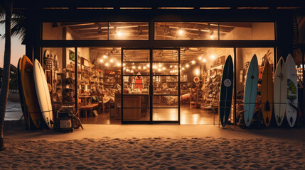 Surf shop on the beach with epic background