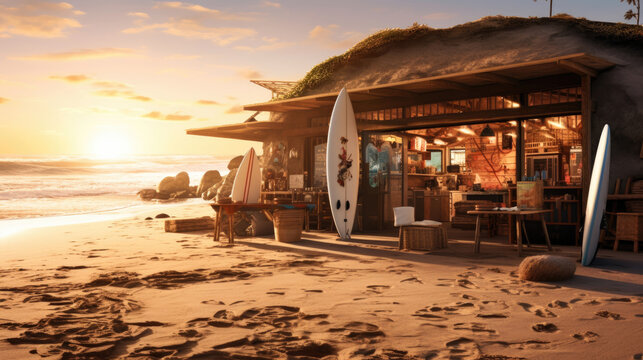 Surf shop on the beach with epic background