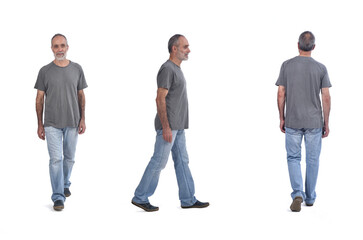 front side and back view of same man walking on white