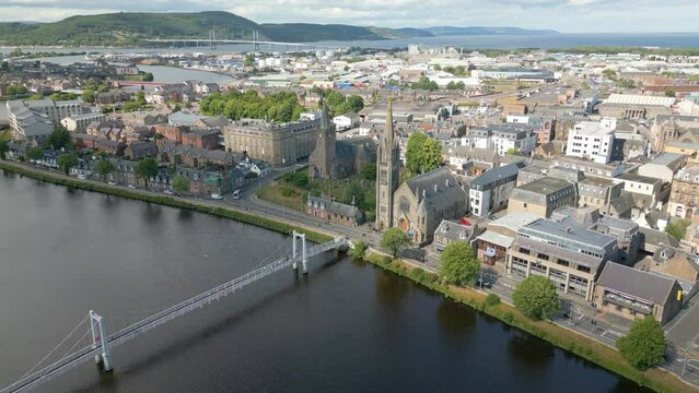 Aerial drone view of the church and river in Inverness Scotland