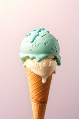 Pistachio ice cream in a cone, generative AI	