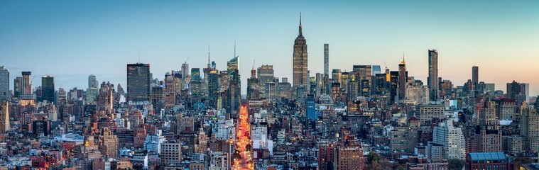 Manhattan skyline panorama at dusk, New York City, USA