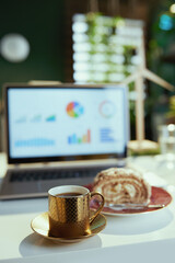 Closeup on desk in modern office with piece of cake