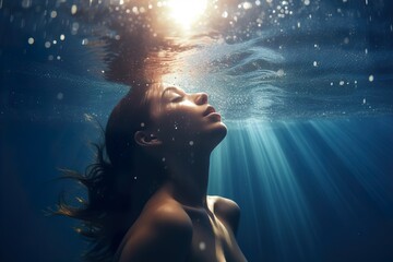 Attractive young woman swims underwater in the sea. Generative AI