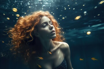 Portrait of a young woman with red curly hair swims underwater. Generative AI