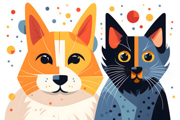 a geometric illustration of a dog and a cat on white background, , Generative AI