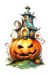 A watercolor painting of a house on top of a pumpkin. Generative AI.