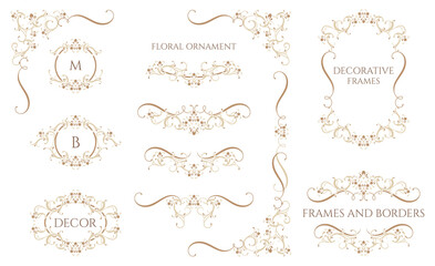 Floral monograms and borders, frames for cards, invitations, menus, labels. Classic ornament. Graphic design pages.