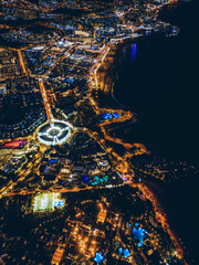 illuminated night city light view, ocean shore, Tenerife, Canary island aerial