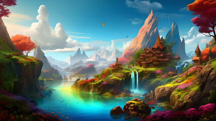 Fototapeta na wymiar A Stunning Fantasy Wonderland Under a Blue Sky with a Vibrant Environment, Background Wallpaper