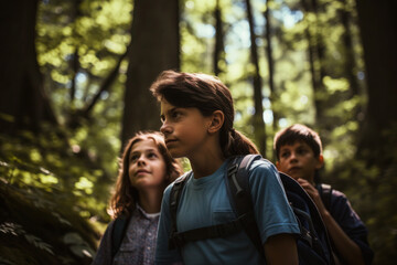 Fototapeta premium Family with children hiking through the forest, Generative AI